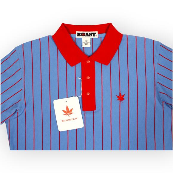 BOAST USA Men Small Vertical Stripe Polo Carolina Blue Red Leaf Logo NWT $95 - Picture 7 of 10